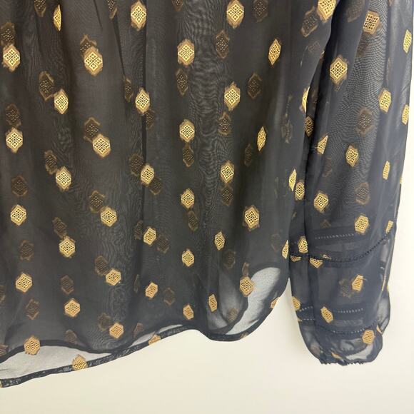 Lucky Brand Womens Medallion Embroidered Keyhole Sheer Black/Gold Blouse Medium - Picture 8 of 9